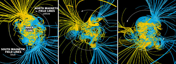This computer simulation shows the Earth's interior as its magnetic field reverses, perhaps because of changes in the flow of molten iron in the core.