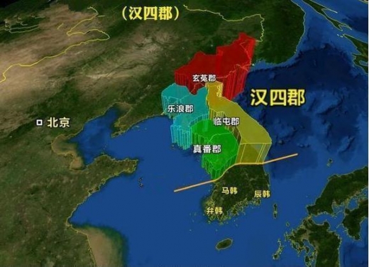 낙랑군 조선현 한현도의 무덤을 보도하는 중국 매체에서 그린 한사군의 강역. 전라도~경상도 일부를 제외하고 모두 중국 강역으로 그려 놓았다.