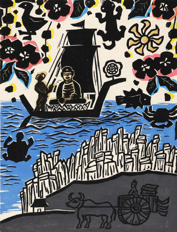 ‘땅끝마을의 아름다운 절’이라 불리는 미황사(전남 해남)는 인도에서 온 배에 실린 검은 돌 속에서 나온 검은 소가 누운 곳에 세워졌다는 연기설화를 갖고 있다. 사진은 목판화가 홍선웅의 작품 ‘미황사 창건설화’(한지에 목판, 58×44㎝, 2016)다. 행촌문화재단 제공