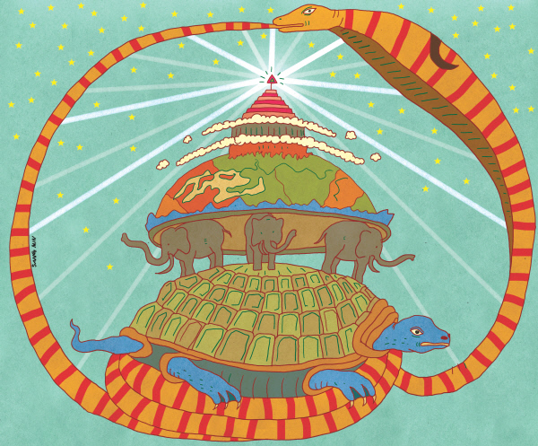 거북이 위의 세 마리 코끼리가 땅을 지고 있는 그림. 힌두 신화에서는 땅을 지탱하고 있는 여덟 마리의 코끼리가 거북의 등 위에 서 있는데, 거북이는 똬리를 튼 뱀 아난타 위에 있다. 가장 밑에 있는 아난타가 움직일 때 거북도 움직이고, 연달아 코끼리가 움직이면 지진이 난다. 일러스트 | 김상민 기자