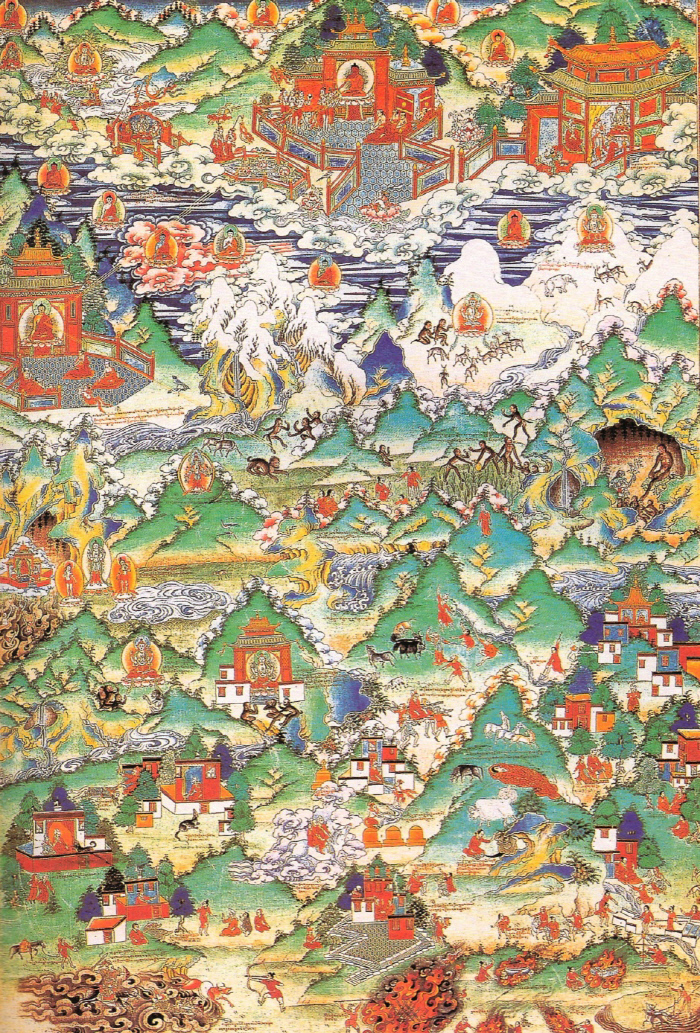 신후를 유혹하는 나찰녀가 그려진 티베트 민족기원도.