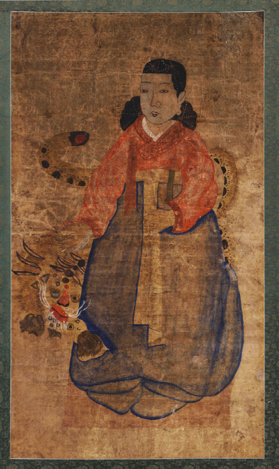 산이 많은 우리나라에는 산마다 산신이 있다. 선도산 성모, 운제산 성모, 지리산 정견모주, 치술령 신모 등이다. 모두 여산신이다. 산천굿 신화 ‘영산 각시와 붉은 선비’에 나오는 영산 각시는 여산신이면서 동시에 창세여신의 역할을 보여준다. 사진은 원광대박물관이 소장하고 있는 무속의 여산신도. 호랑이가 여산신을 호위하고 있다. 원광대박물관 제공