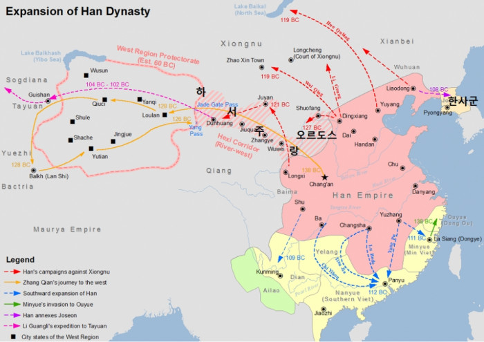 정건의 서역 행로와 한-흉노 전쟁도 /위키피디아